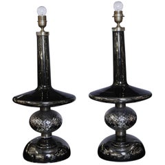 Pair of Table Lamps in Silver Mirrored Glass, circa 1960
