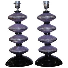 Pair Italian Table Lamps in Amethyst Mirrored Glass