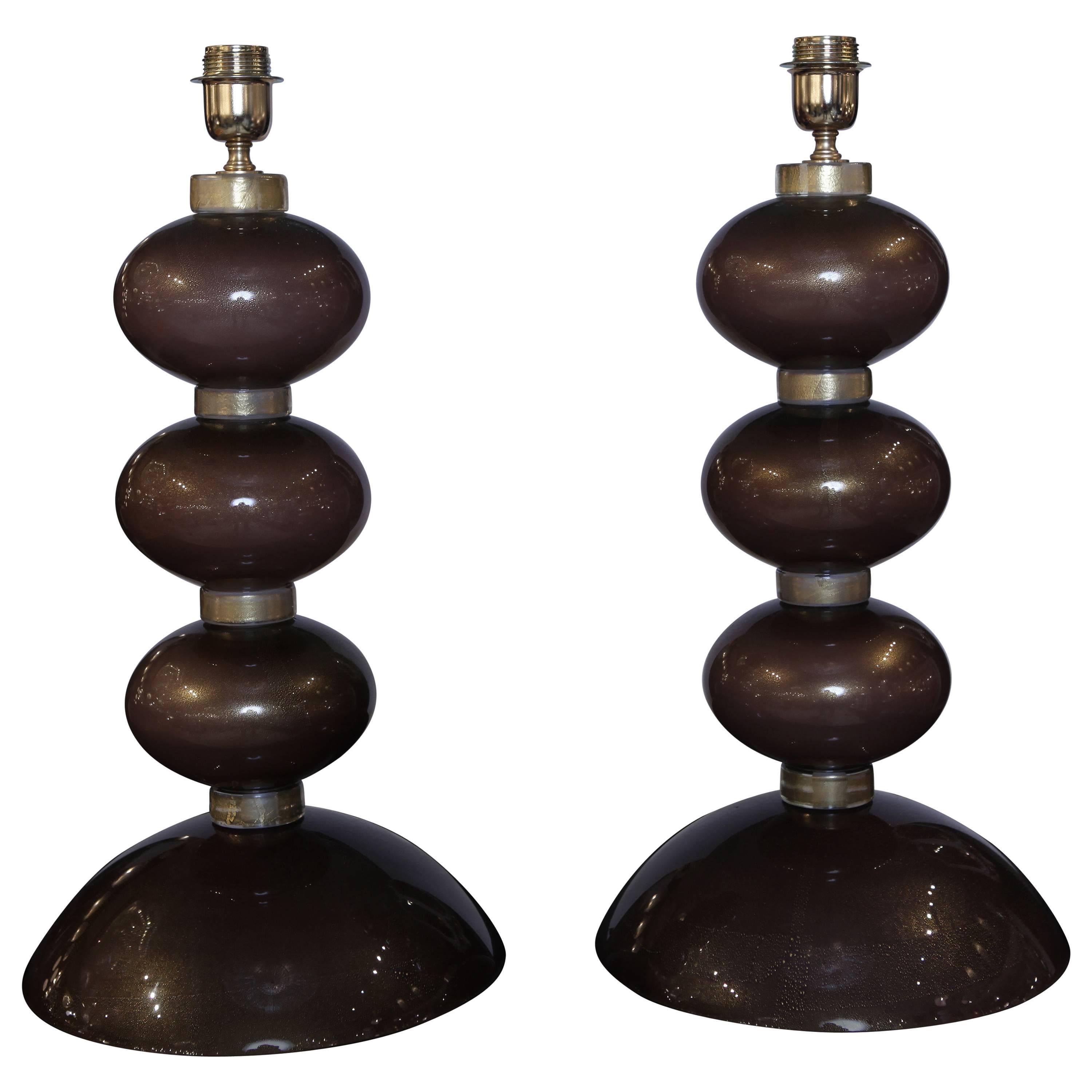 Pair of Table Lamps in Bronzed Murano Glass