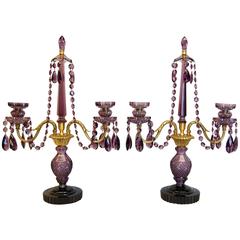 Pair of Amethyst Glass Two-Arm Candelabra with Matching Drops and Swags