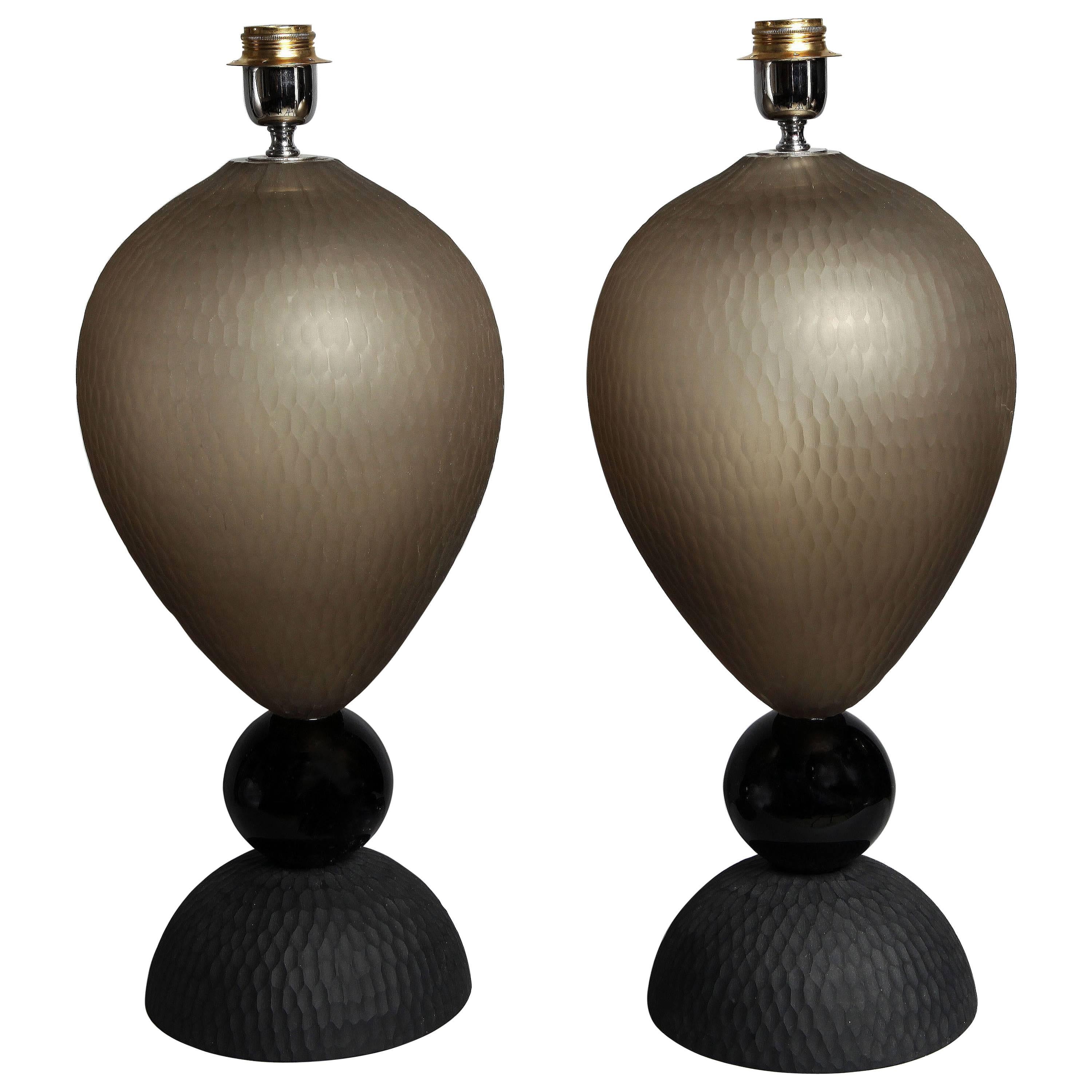  Amazing Pair of Table Lamps in faceted Grey Murano glass
