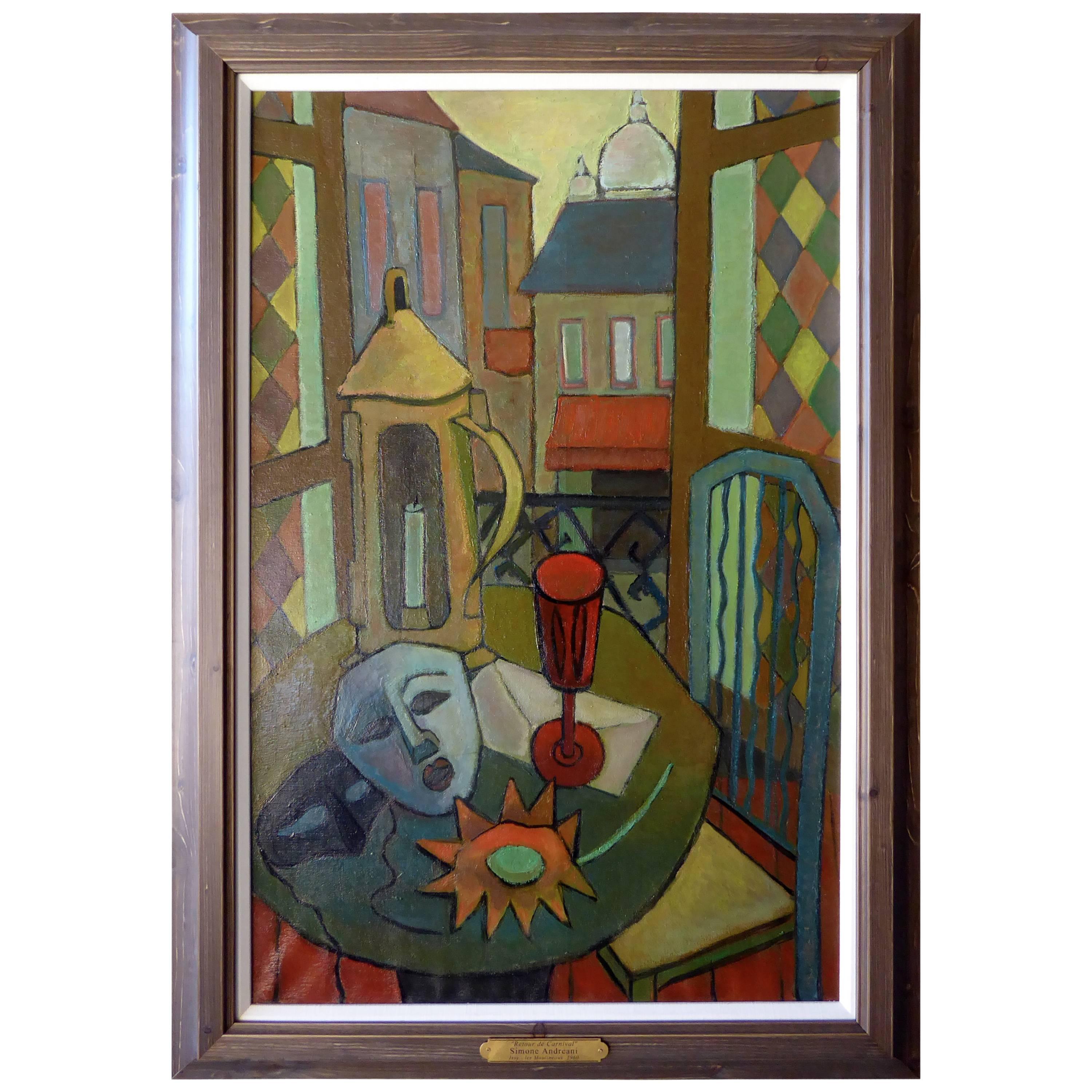 "Retour de Carnaval" An Oil on Canvas by French Artist Simone Andreani C. 1960 For Sale