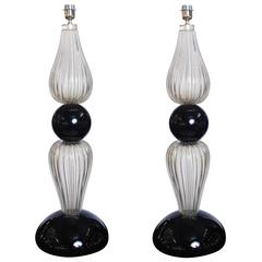 Pair of Italian Oversized Lamps in Gold and Black Murano Glass