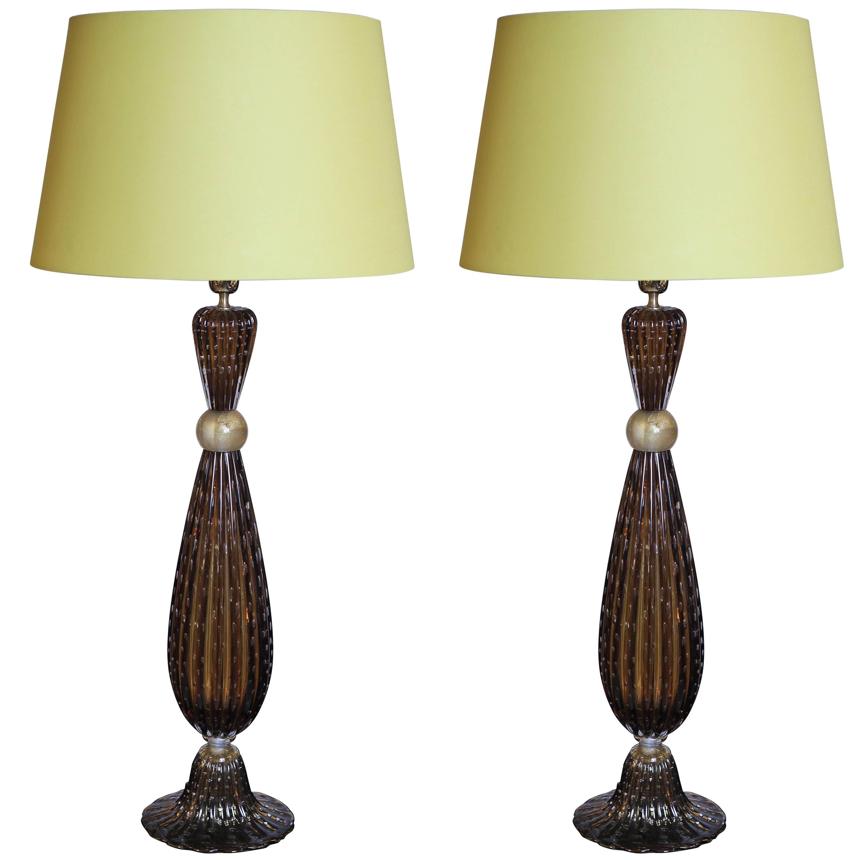 Pair of Murano Glass Tall Lamps in the Style of Barovier, circa 1997