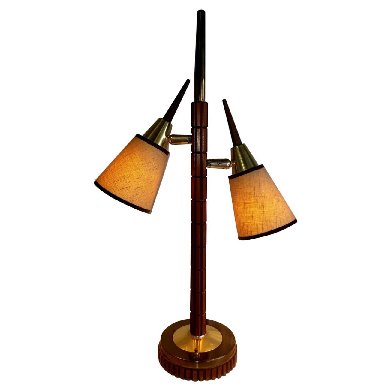 Mid-Century Wood Danish Metal Three Switch Table Lamp For Sale
