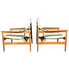 Pair of Hans Olsen Attributed Canvas and Teak Sling Chairs, Sweden, 1970