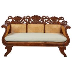 Antique Indonesian Teak Settee with Carved Rattan/Wicker Back and Seat