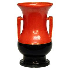 Awaji Pottery Chrome Orange and Black Art Deco Buttress Handled Vase