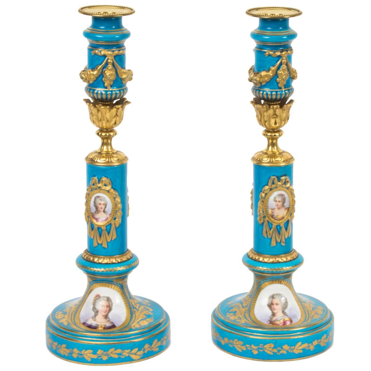 Antique Pair of Sevres Porcelain and Ormolu Candlesticks, circa 1880
