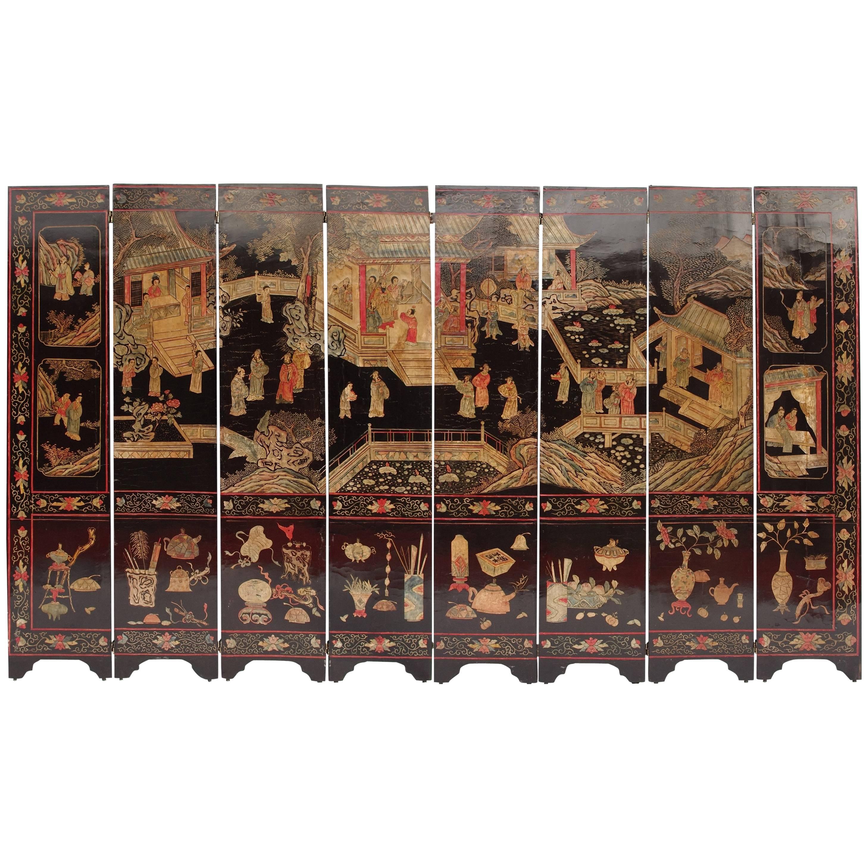 Coromandel Chinese Lacquer Polychrome Eight Folding Screen, circa 1880