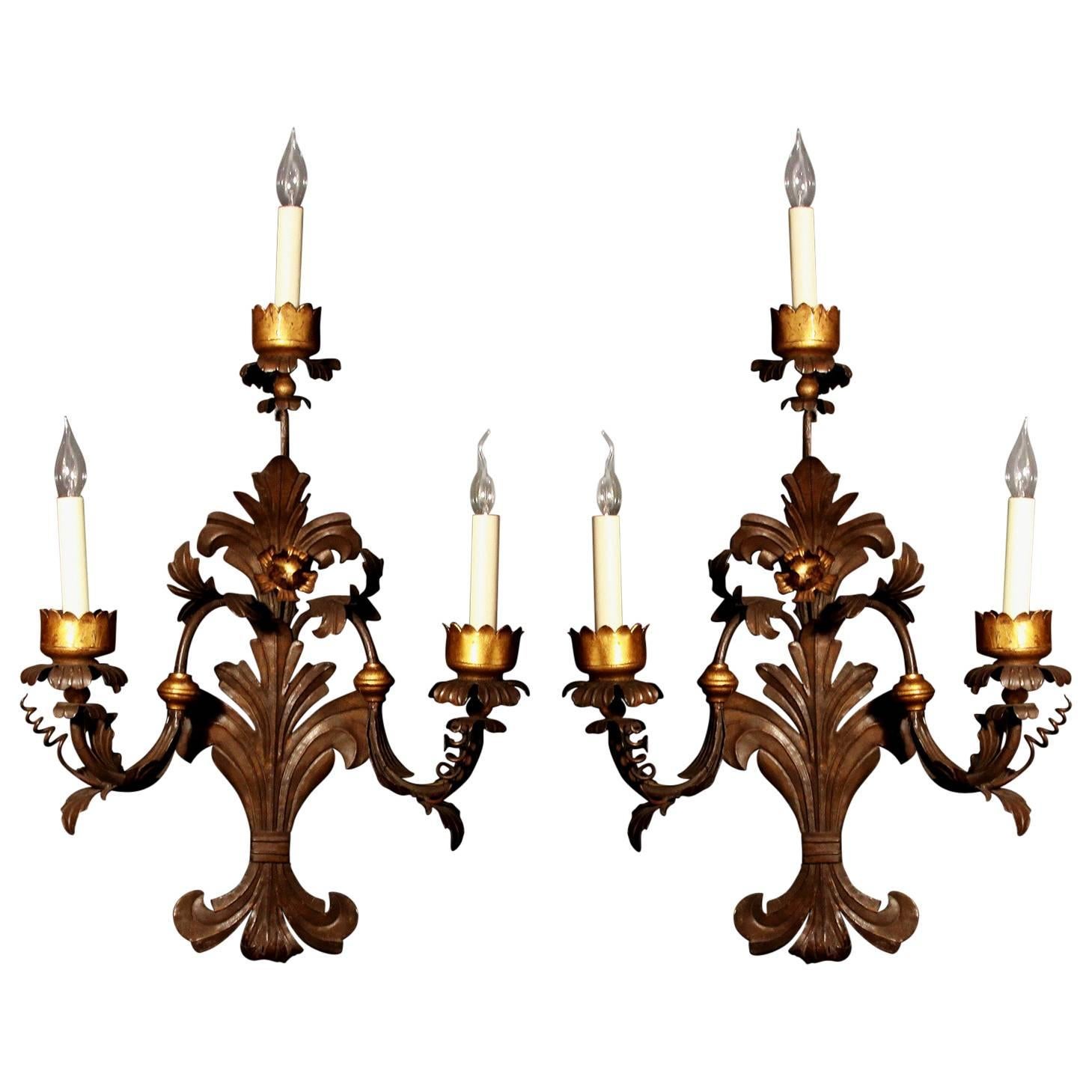 Large Pair of Italian, 19th Century Tole Wall Lights For Sale