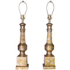 Pair of James Mont Silver and Gold Leaf Camouflage Lamps