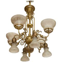 Antique Late Victorian Gas and Electric Combo Chandelier with Deep Etched Shades