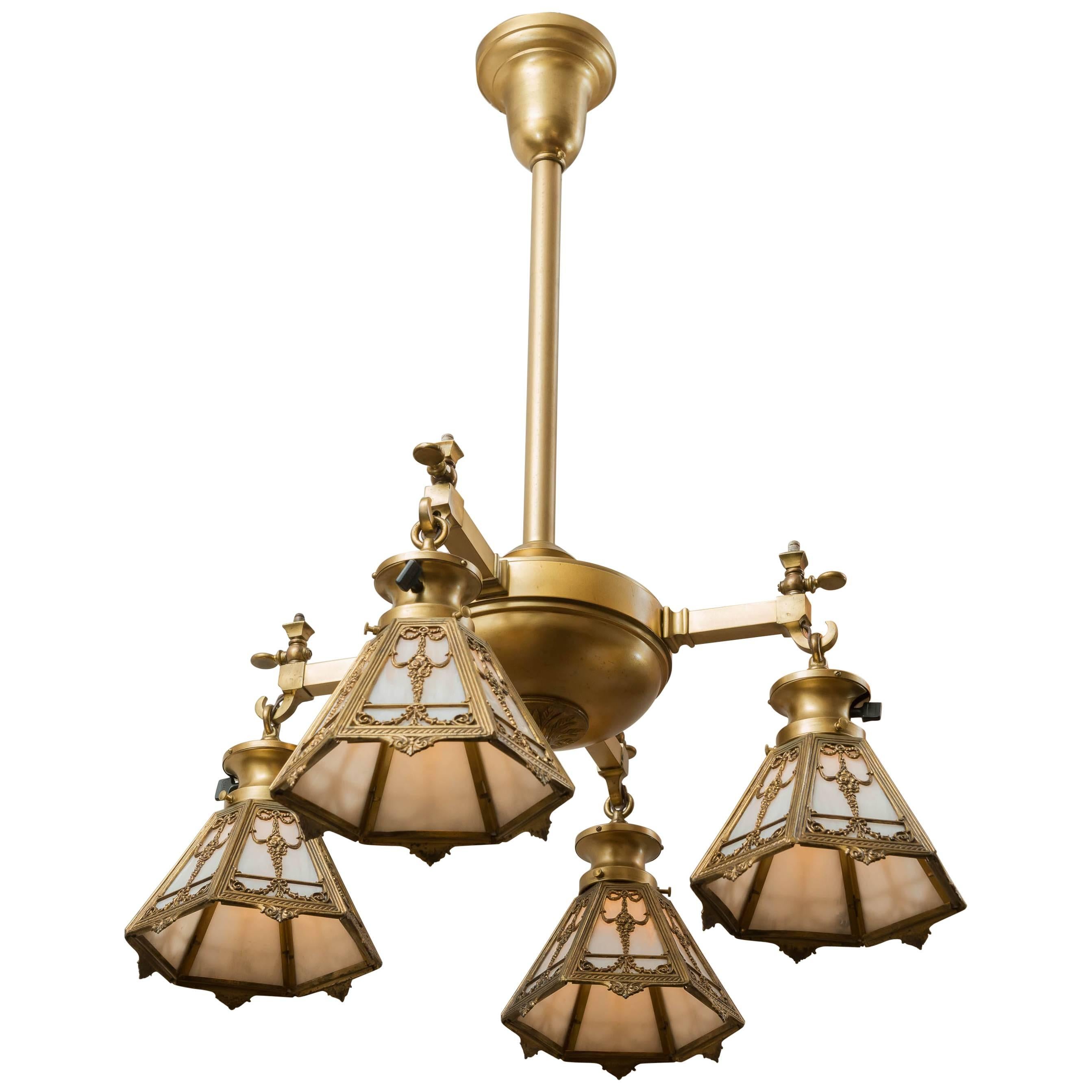 Four-Arm Gilt Bronze Chandelier with Signed, Bradley & Hubbard Shades