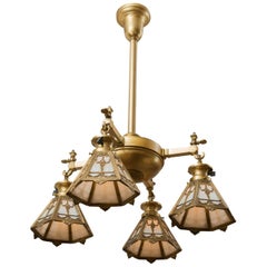 Four-Arm Gilt Bronze Chandelier with Signed, Bradley & Hubbard Shades