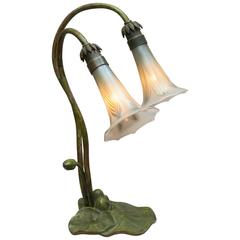 Austrian Art Nouveau Two-Light Lilly Lamp with Pulled Feather Blown Shades
