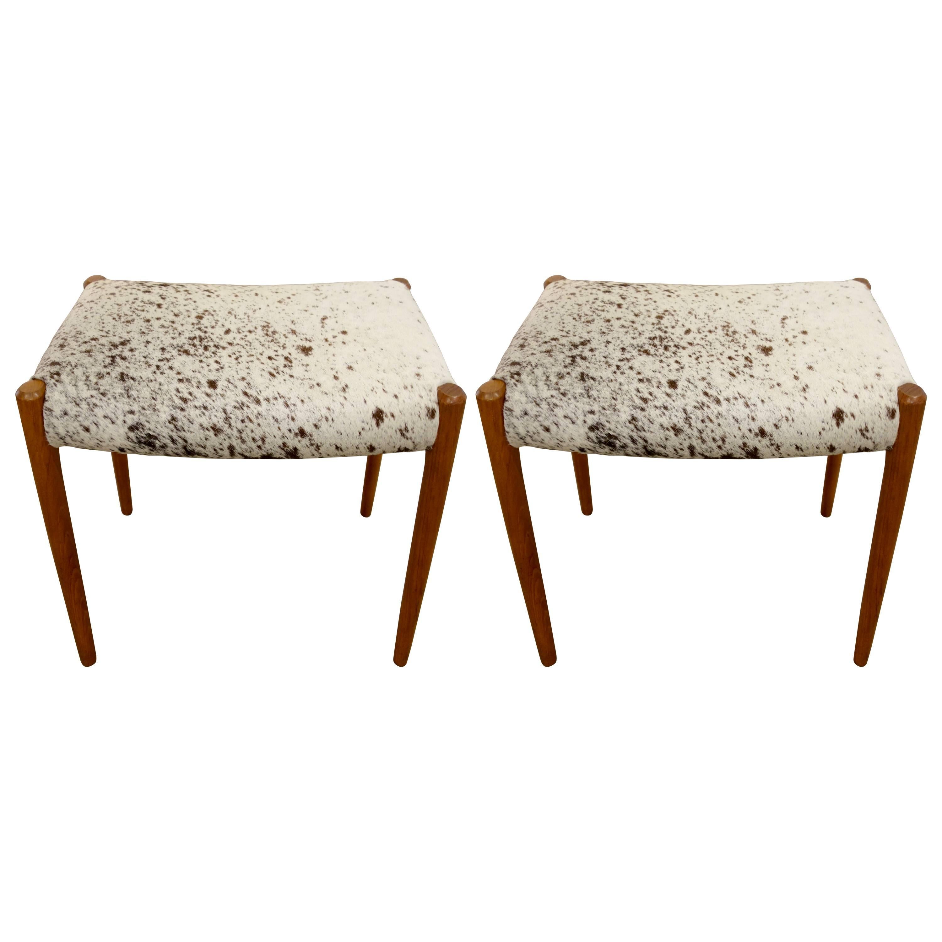 Pair of Mid-Century Danish Niels O. Moller Stools in White and Brown Cowhide