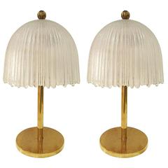 Pair of Vintage Glass and Brass Lamps in the Style of Crespi