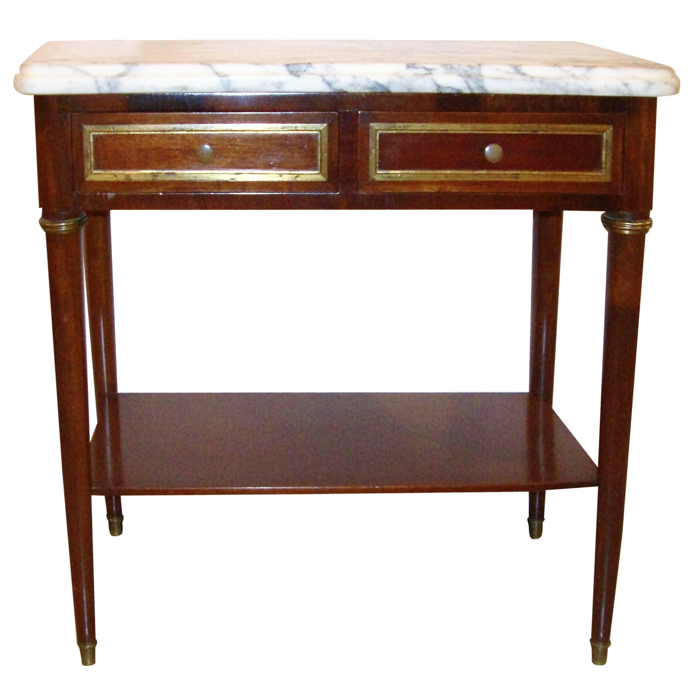 Diminutive Marble-Top Mahogany Stand, End Table in the Manner of Jansen For Sale