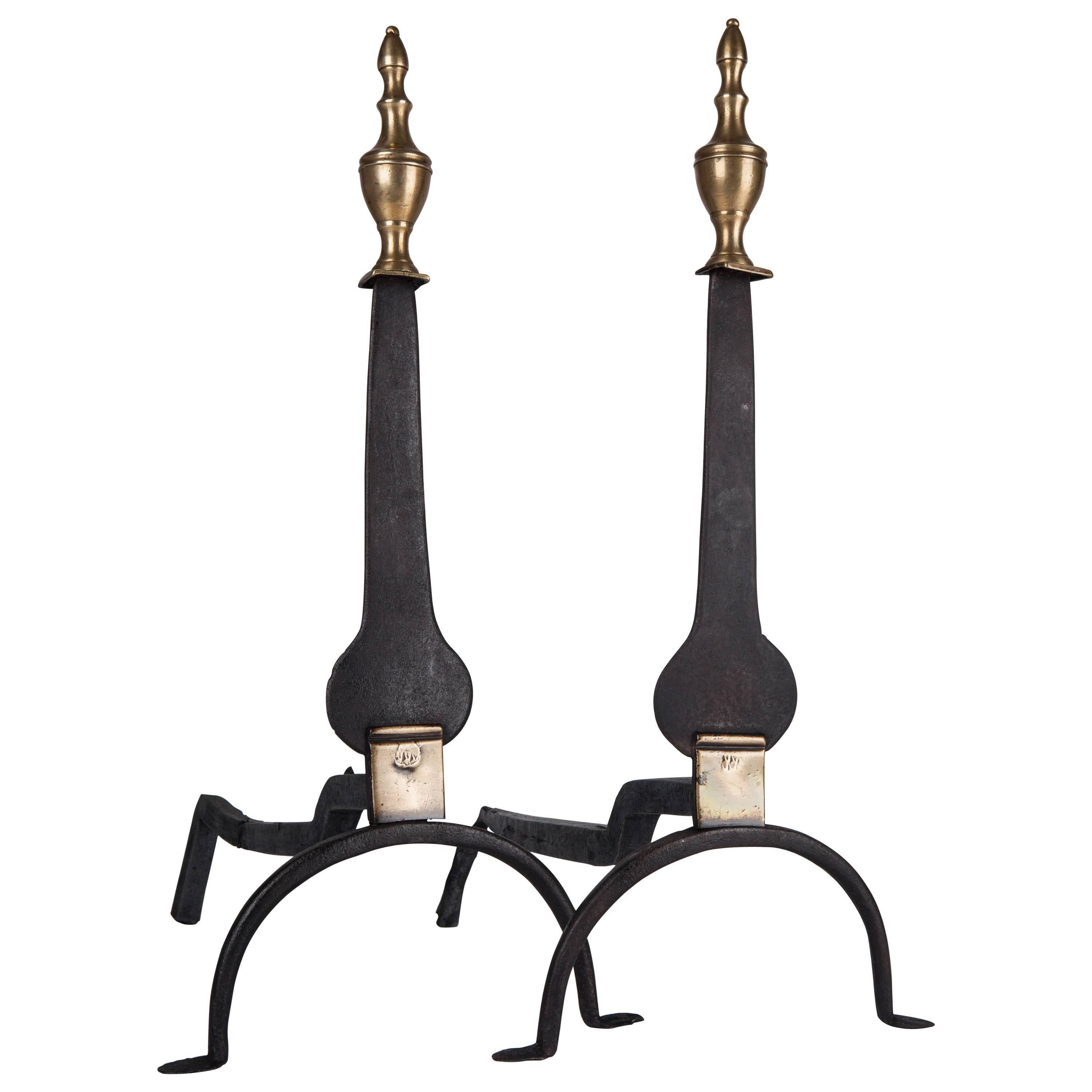 Blackened Wrought Iron Knife Blade Andirons with Brass Urn Finials, Circa 1900s