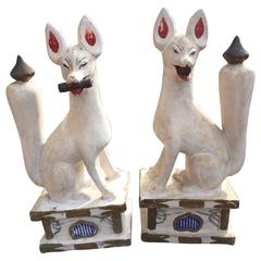 Japanese Antique Tall Hand crafted White Foxes Pair Temple De-accession