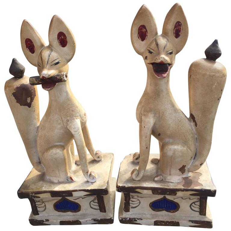 Japan Antique Handmade Magical White Fox Inari Pair from Temple 80