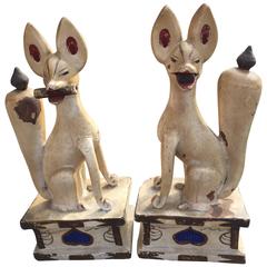 Japan Handmade Magical White Fox Inari Pair from Temple 80 Years Old