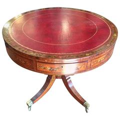 Gorgeous Hand-Painted Satinwood and Tooled Leather Drum Table