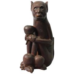 Japanese Hand-Carved Wood 19th Century Monkey Sculpture 