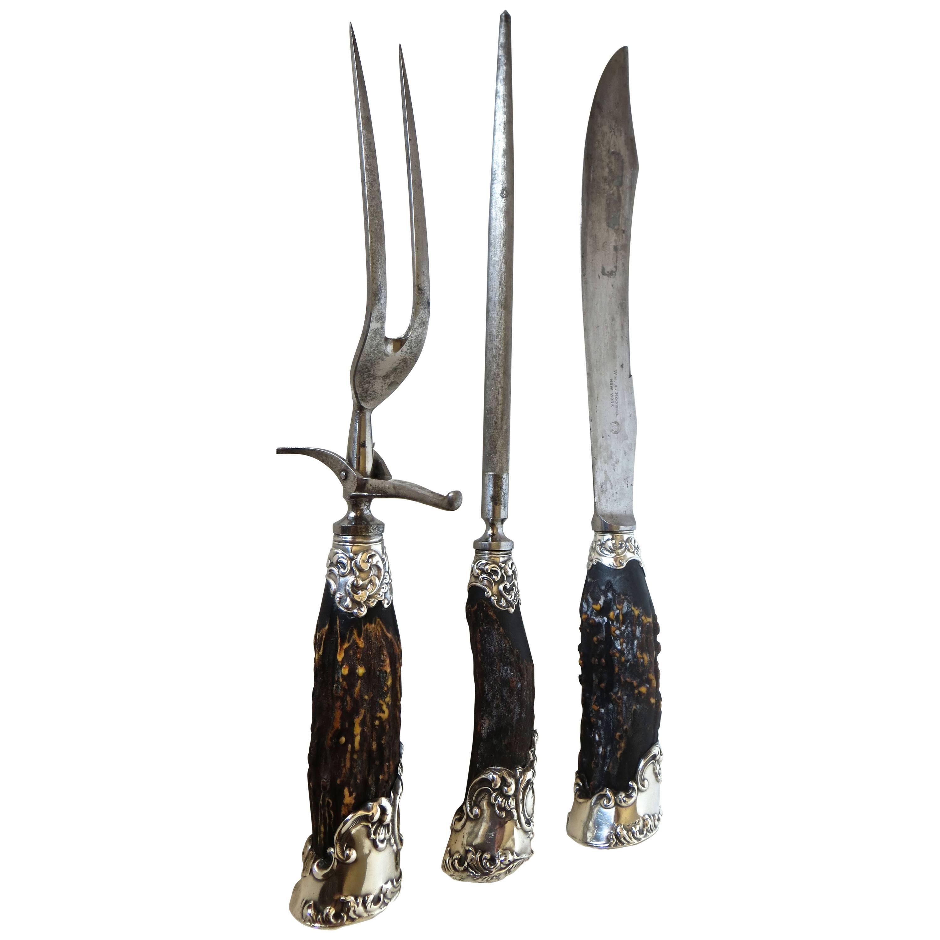Carving Set with Antler Horned Handles, Sterling Silver, circa 1890s