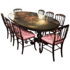 Superb Hand-Painted Antique Oblong Dining Set with Eight Chairs