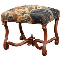 18th Century French Louis XIII Carved Walnut Stool with Aubusson Tapestry
