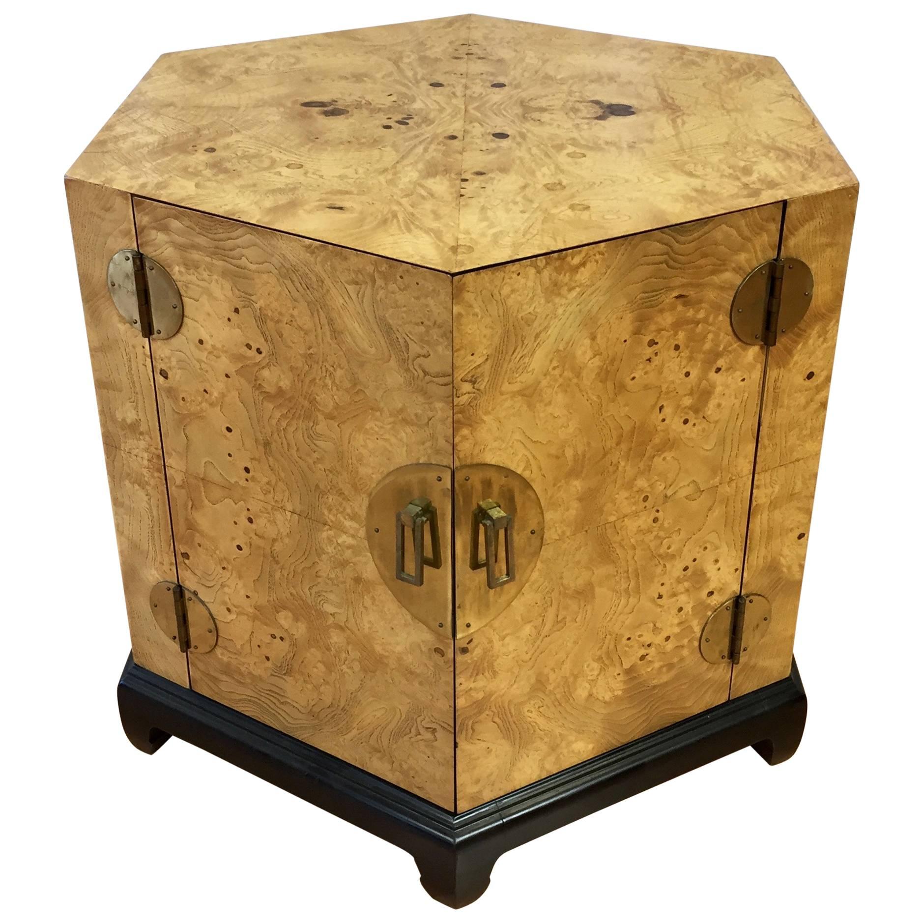 Hexagonal Burl Wood and Brass Cabinet Attributed to Henredon