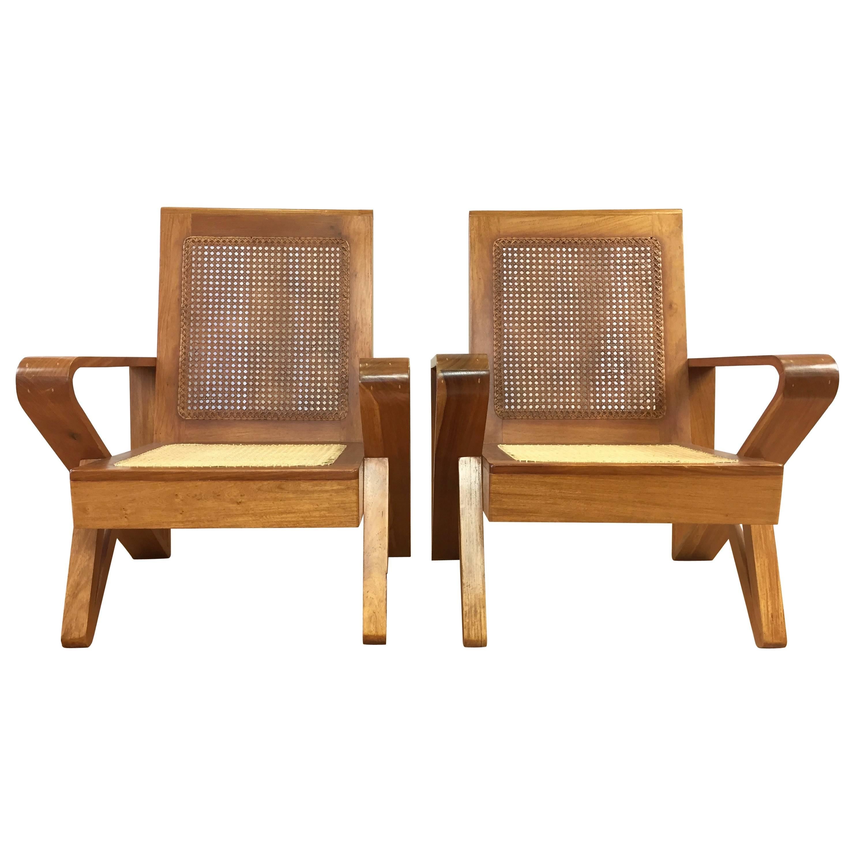 Uncommon Pair of Hawaiian Koa Wood and Woven Cane Lounge Chairs