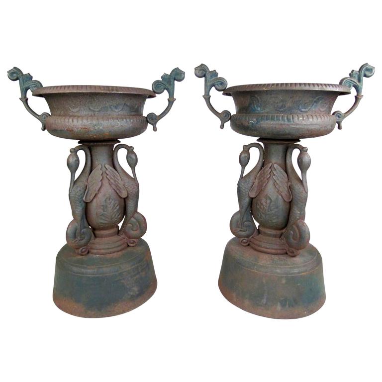 Pair of Vintage Cast Iron Garden Urns For Sale at 1stdibs