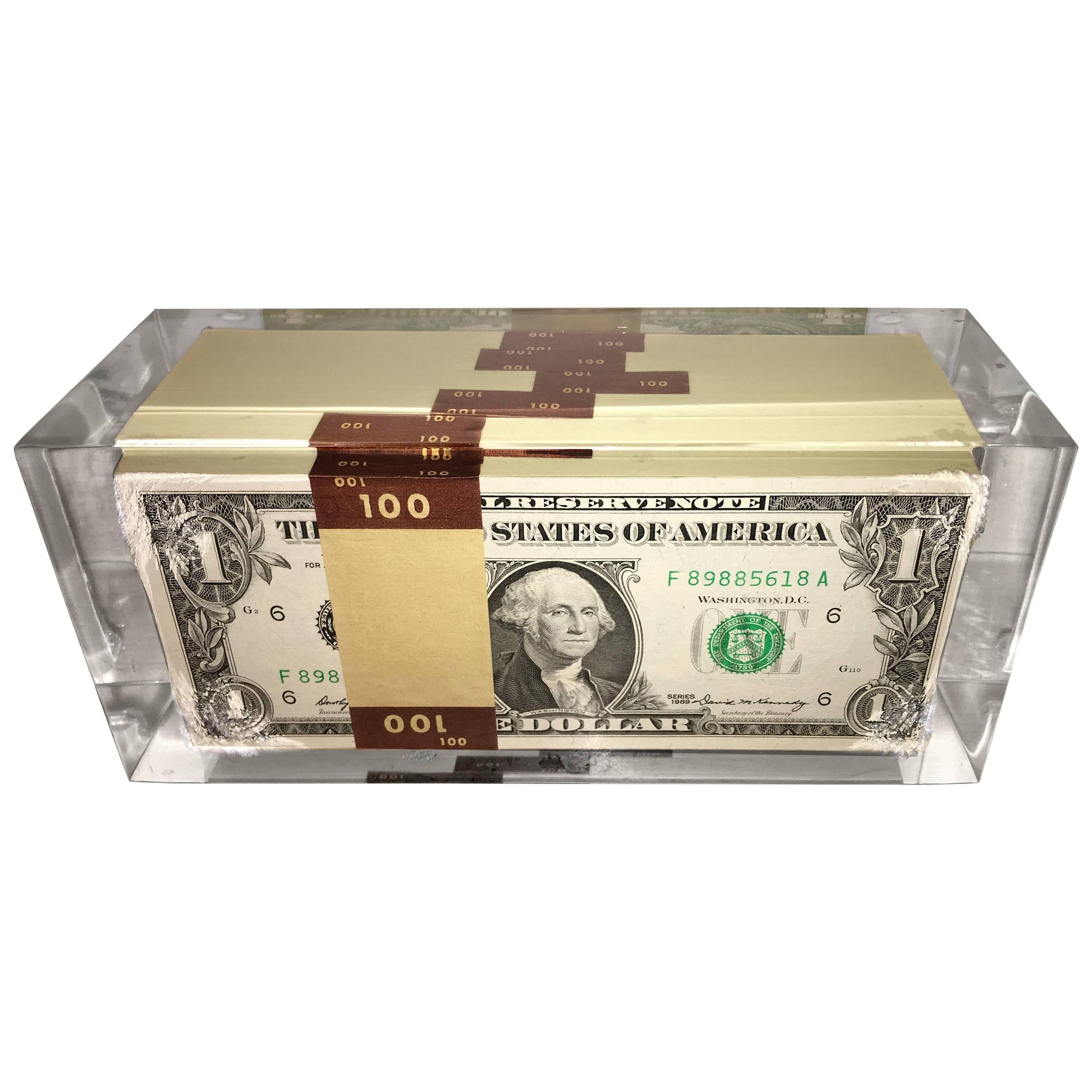 Lucite Encased Stack of Money Uncirculated Bills Sculpture 