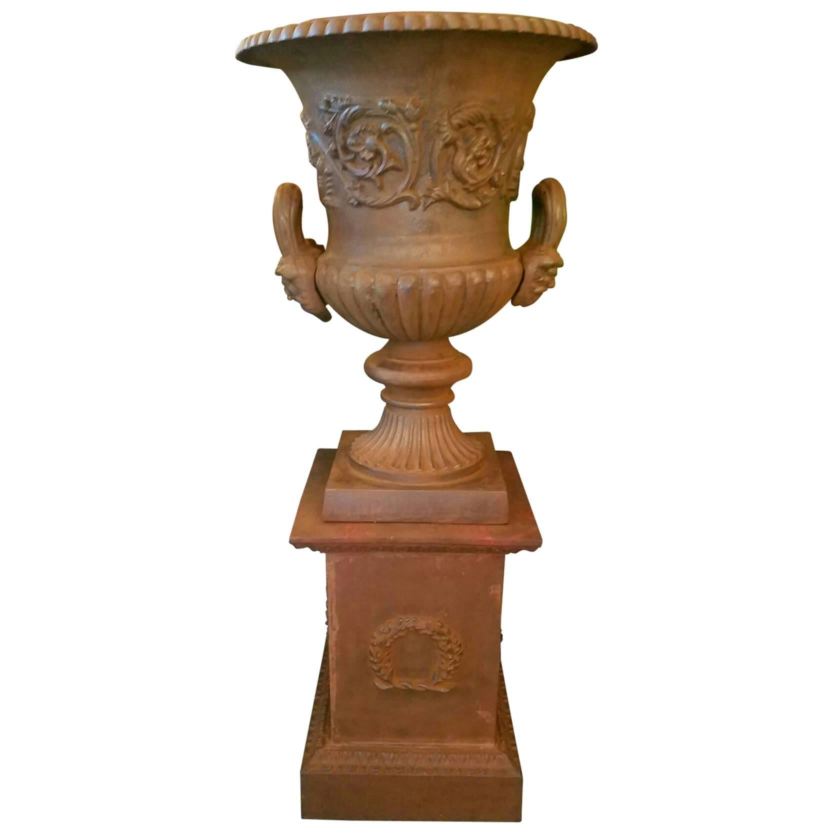 Antique Cast Iron Garden Urn and Pedestal For Sale