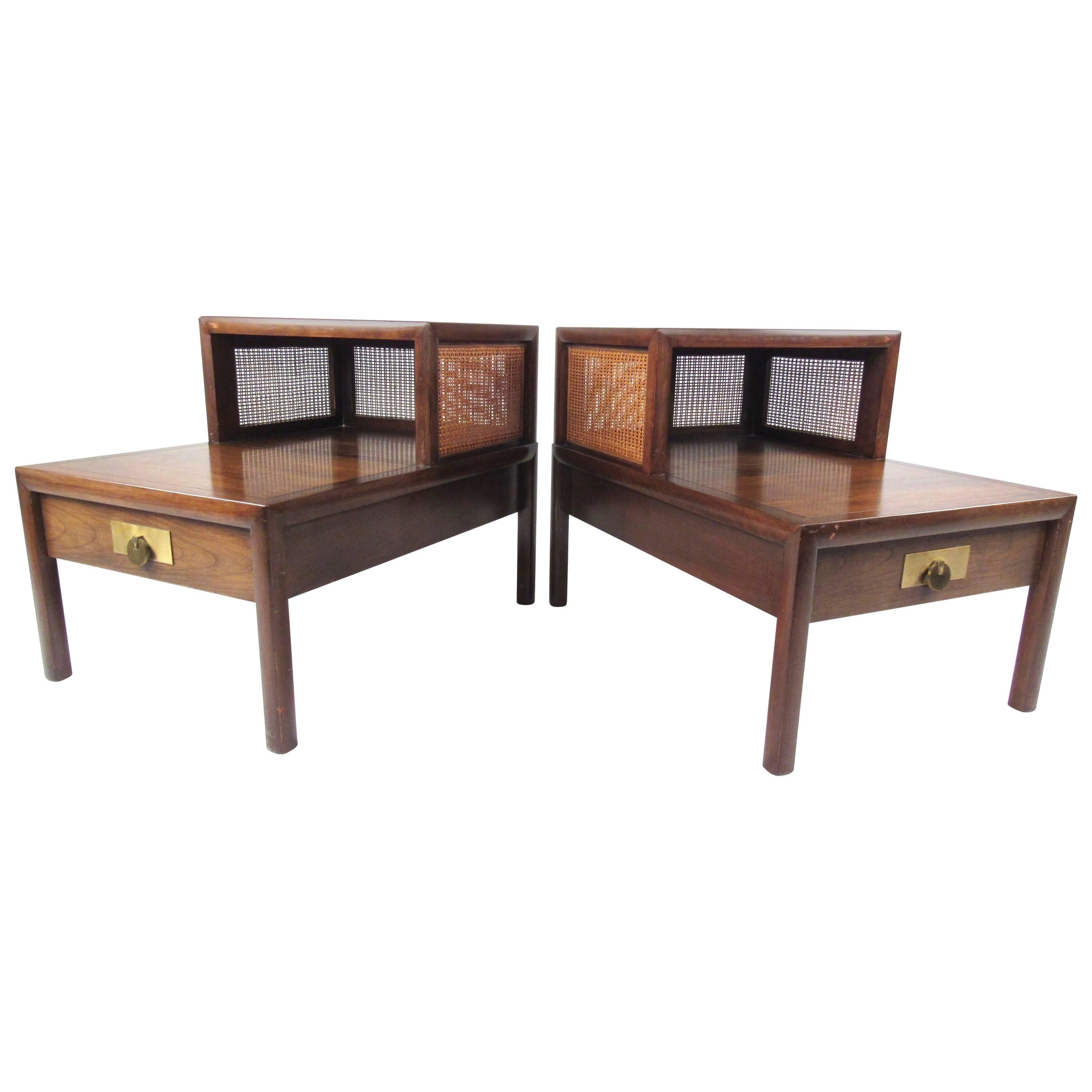 Pair of Mid-Century Modern Two-Tier Cane and Walnut Lamp Tables by Baker