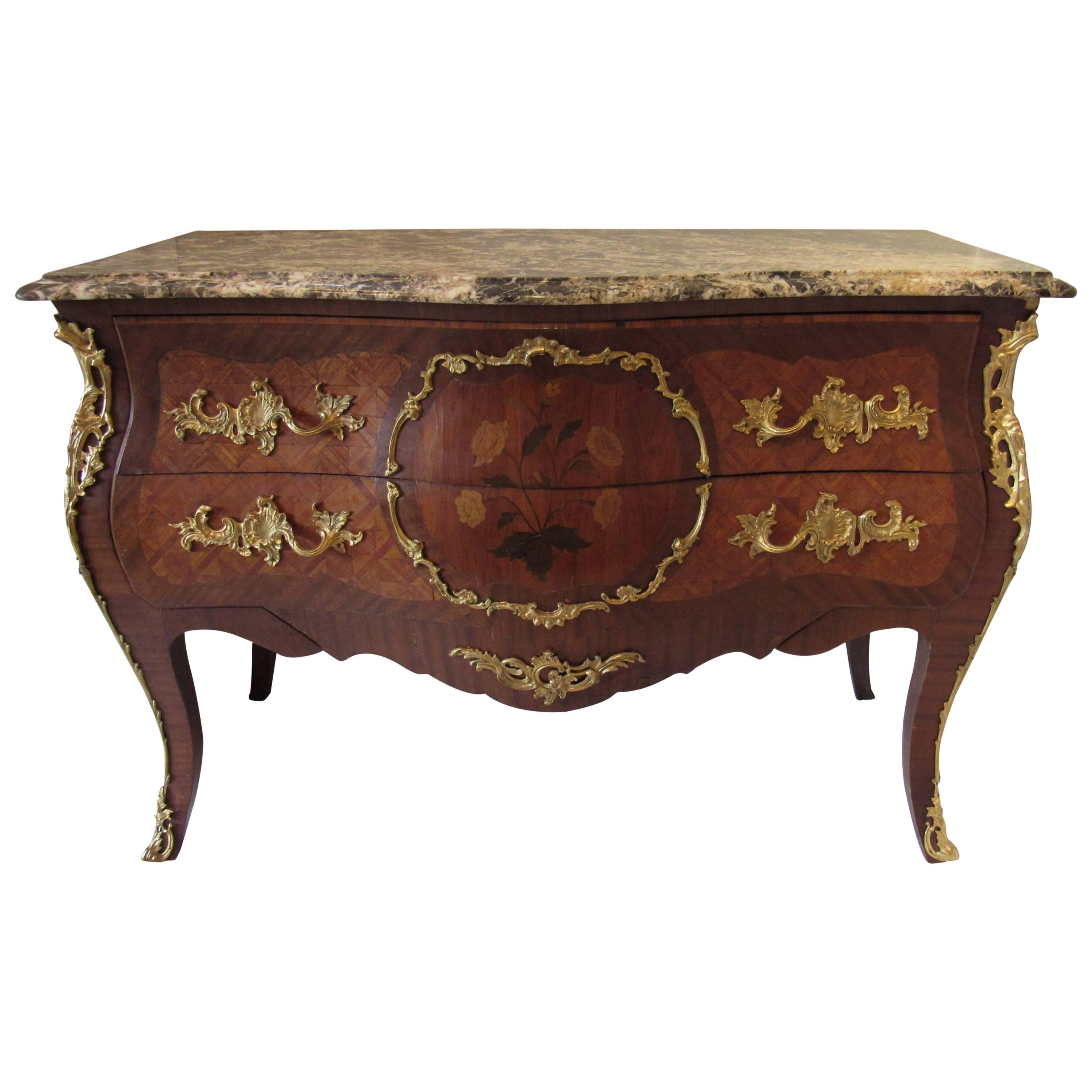 Mid-19th Century French Marquetry and Ormolu Two-Drawer Chest Marble Top For Sale