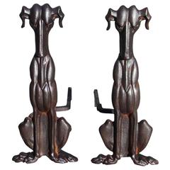 Antique Pair of American Art Deco Cast Iron Canine Andirons, Circa 1920