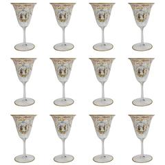 Set of 12 Enameled Venetian Glass Wine or Water Goblets, 1930s 1