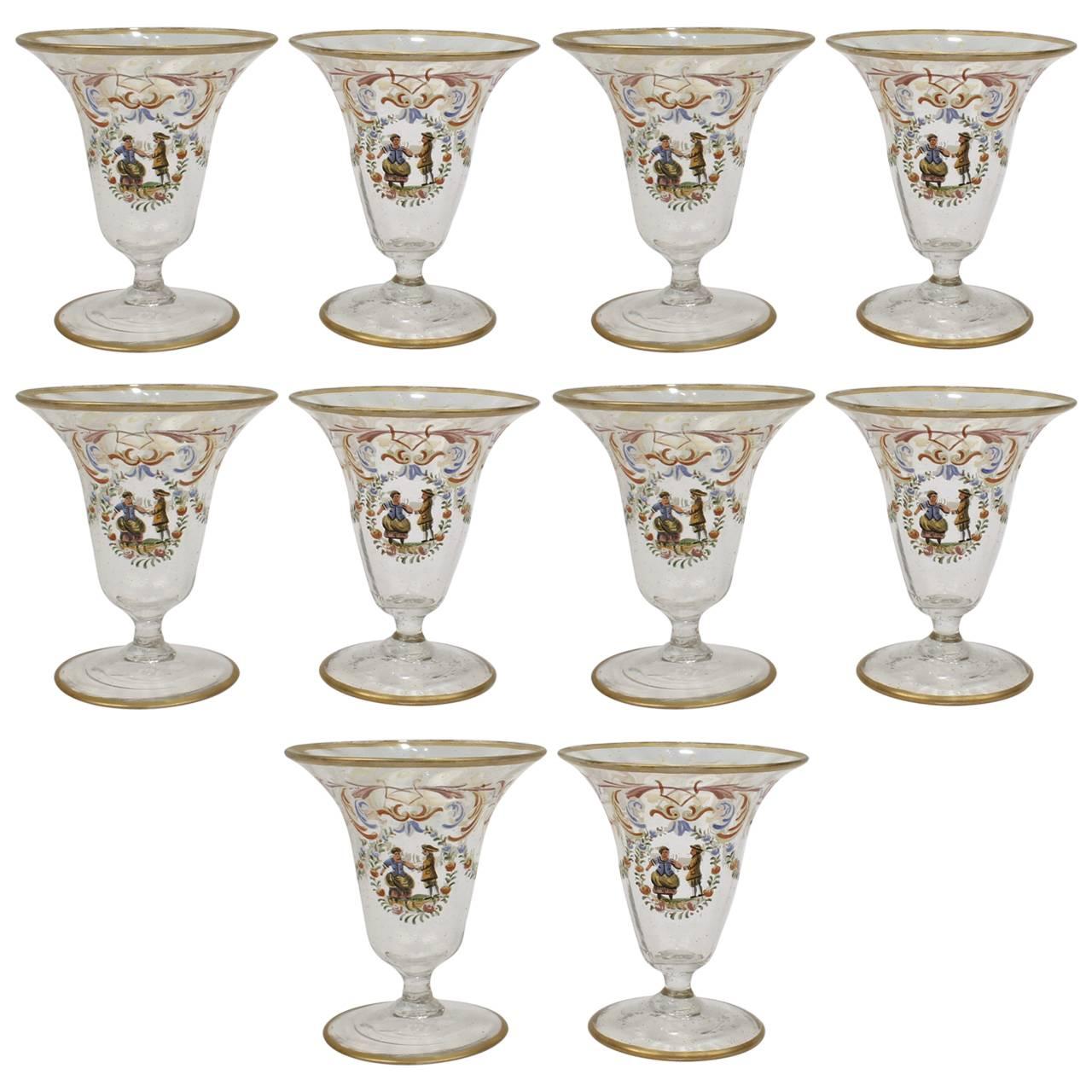 Set of Ten Enamelled Venetian Glass Short Stemmed Cordial Glasses, 1930s