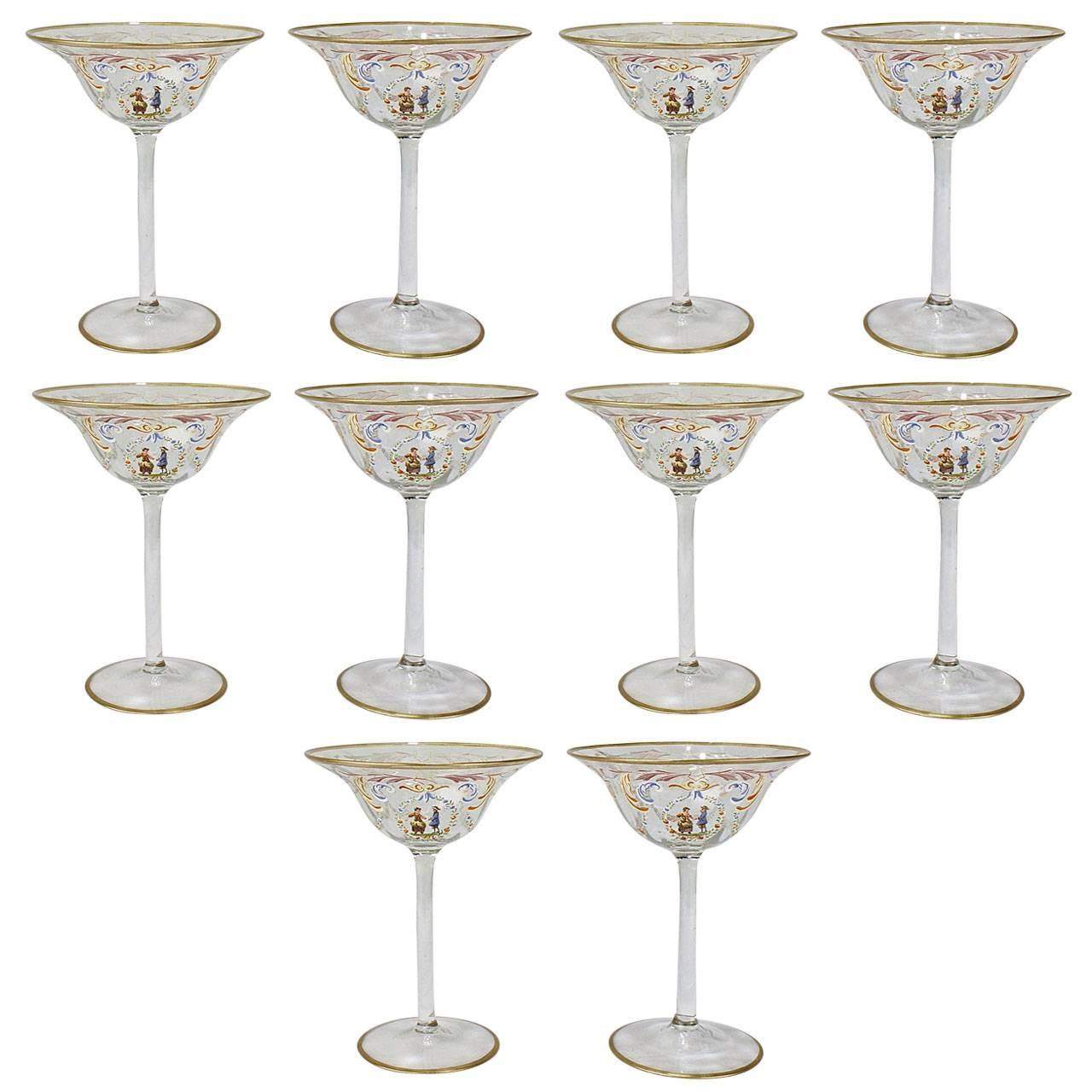 Set of Ten Enamelled Venetian Glass Low Champagne Glasses, 1930s