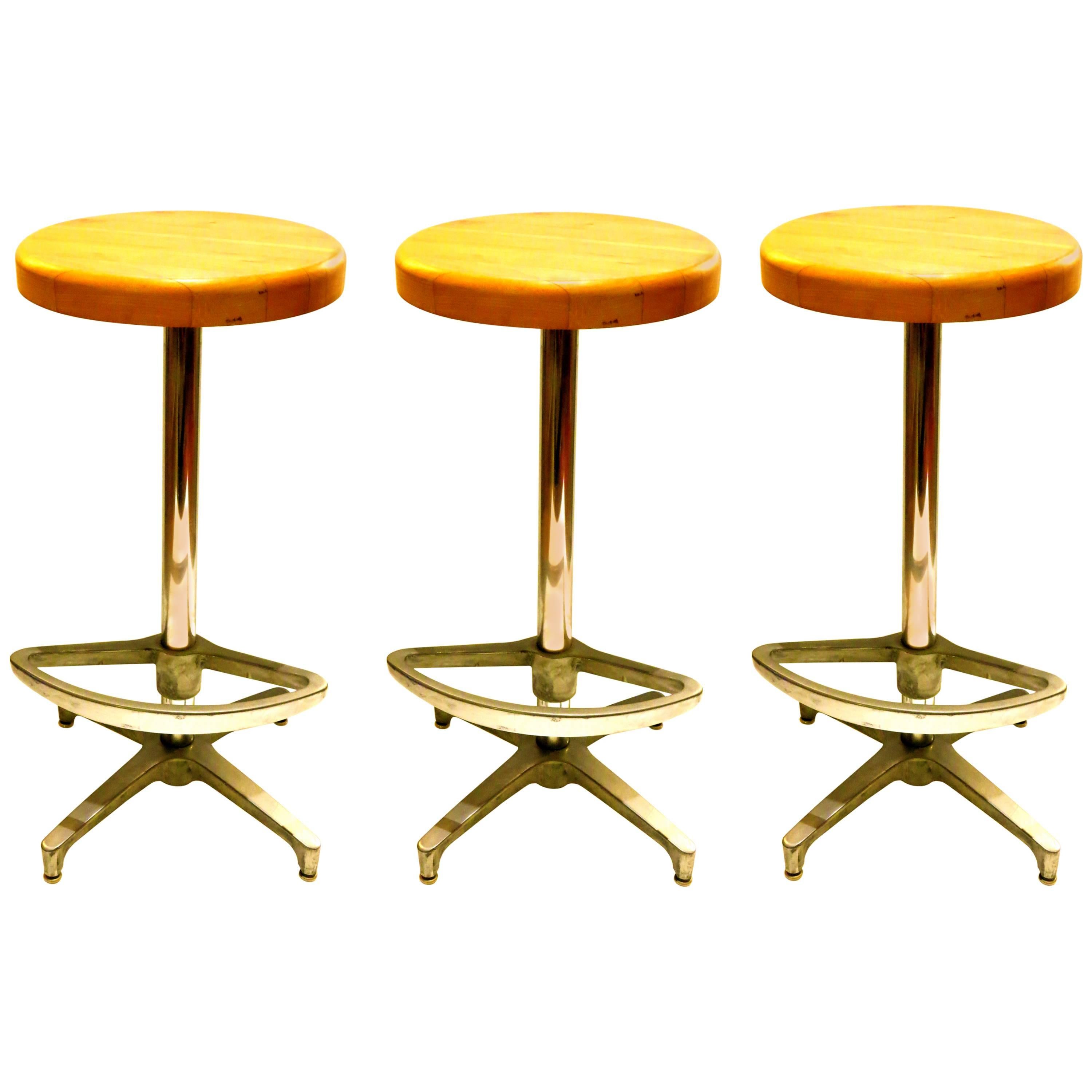 California Mid-Century Set of Three Industrial Style Barstools with Footrest
