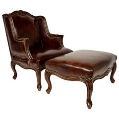 Vintage Louis XV-Style Wingback Leather Chair and Ottoman 7