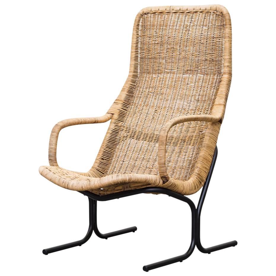 Dirk Van Sliedrecht Style High Back Woven Rattan Lounge Chair