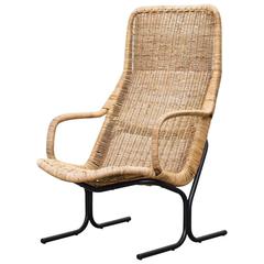 Vintage Dirk Van Sliedrecht Style High Back Woven Rattan Lounge Chair