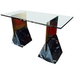 Brass and Marble Console Desk with Glass Top