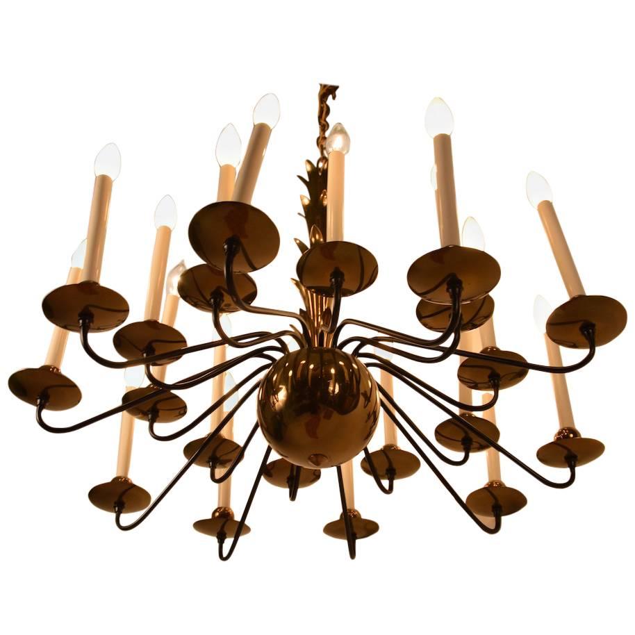 20-Light Ball Base Brass and Black Chandelier Attributed to Lightolier