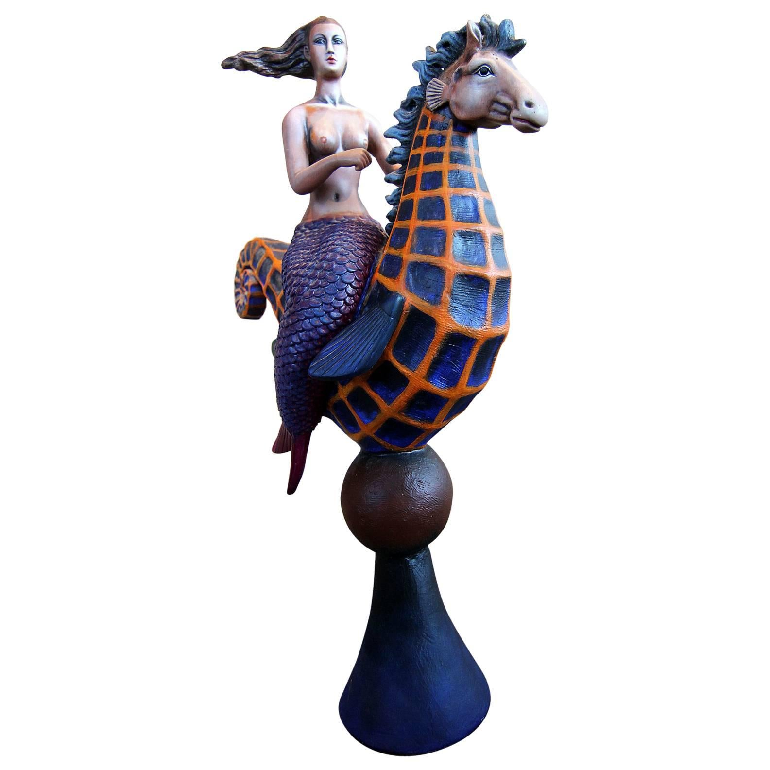 Whimsical Mermaid Riding Seahorse Sculpture by Sergio Bustamante